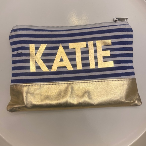 Katie Customized Cosmetic Bag Blue/White Stripe with Gold Accents GUC 9x6 - Picture 1 of 5